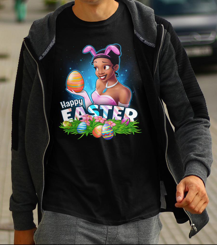 Tiana Holding Easter Egg In Bunny Ears With Happy Easter T-Shirt