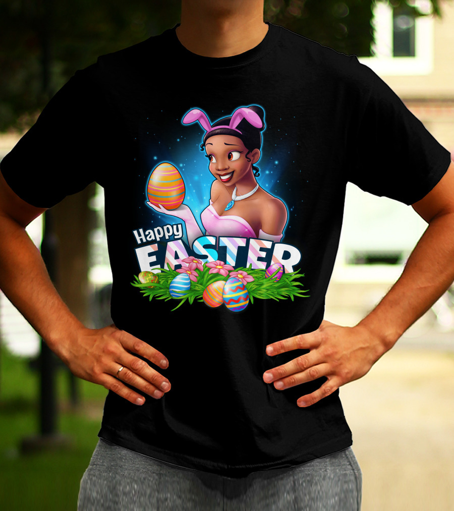 Tiana Holding Easter Egg In Bunny Ears With Happy Easter T-Shirt