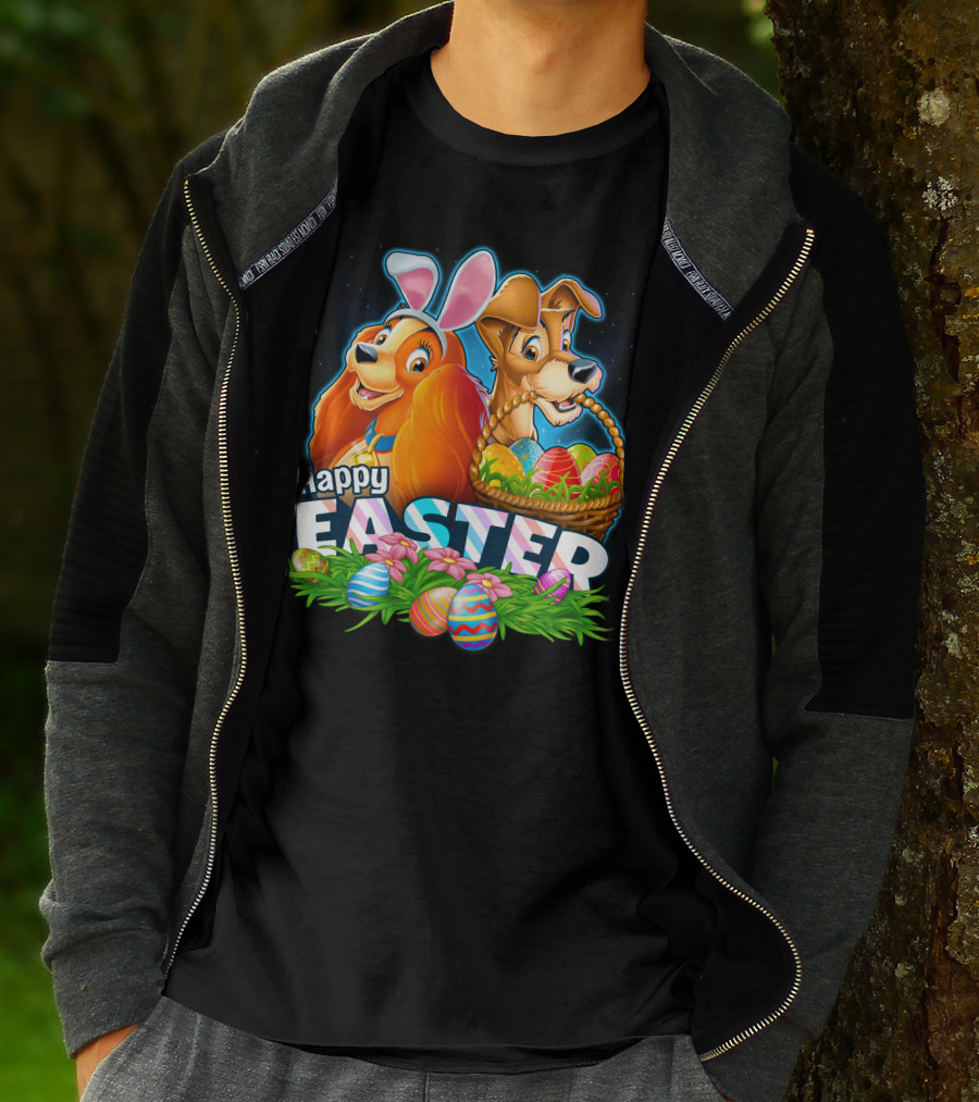 Happy Easter Lady And The Tramp With Easter Eggs And Bunny Ears T-Shirt