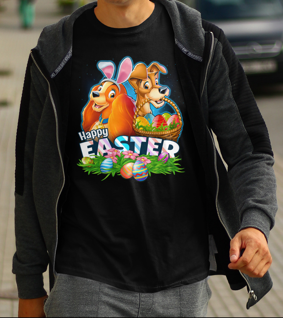 Happy Easter Lady And The Tramp With Easter Eggs And Bunny Ears T-Shirt