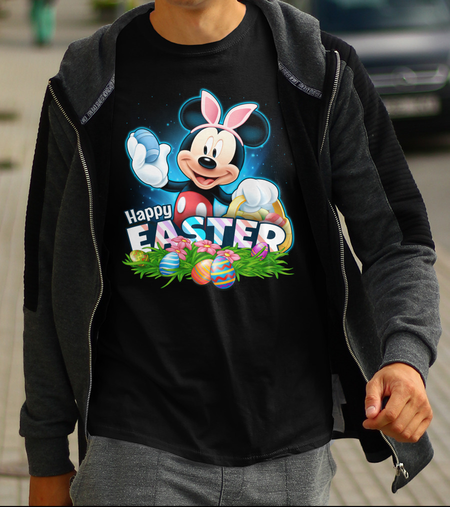 Mickey Mouse Happy Easter With Bunny Ears And Colorful Eggs Basket T-Shirt