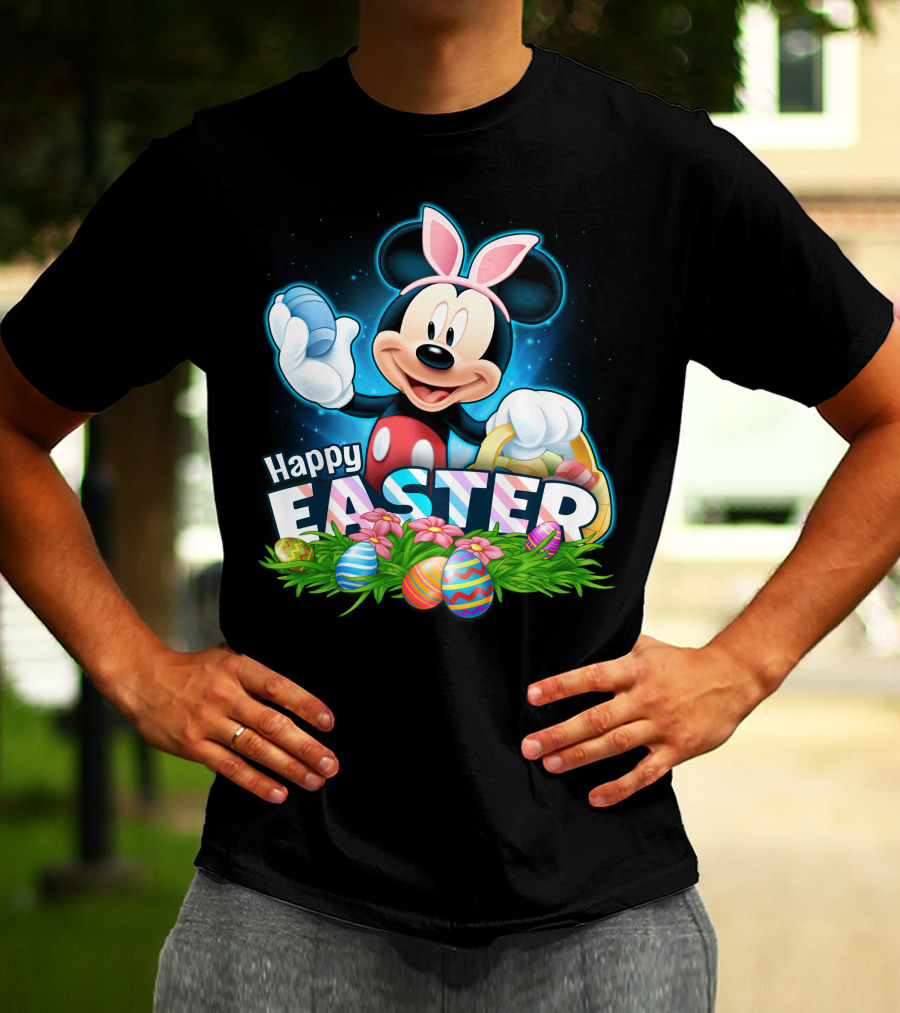 Mickey Mouse Happy Easter With Bunny Ears And Colorful Eggs Basket T-Shirt
