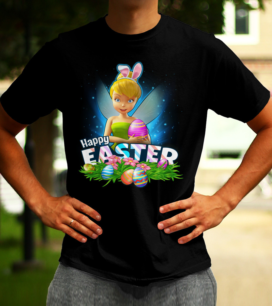 Tinker Bell Happy Easter With Colorful Eggs And Bunny Ears T-Shirt