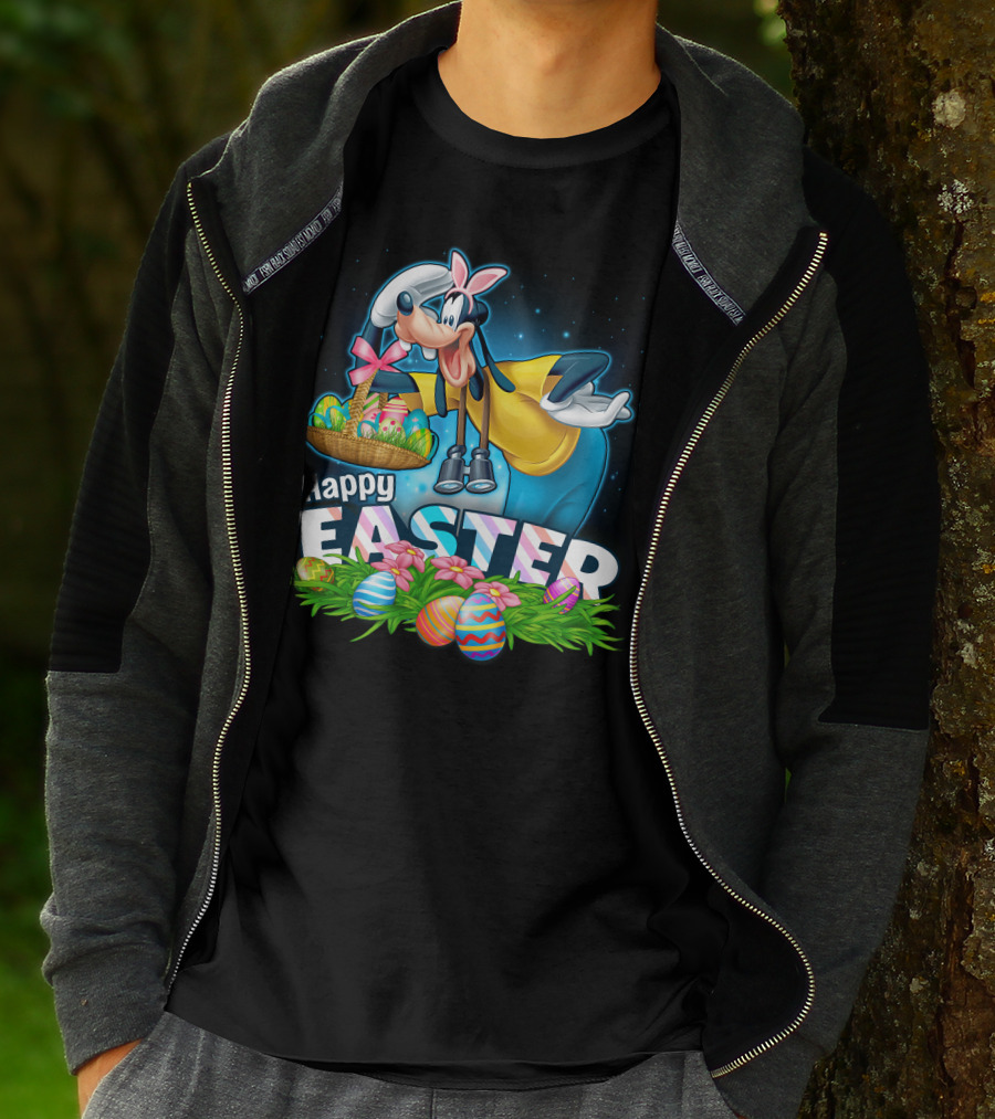 Goofy Holding Easter Basket With Happy Easter Eggs And Flowers T-Shirt