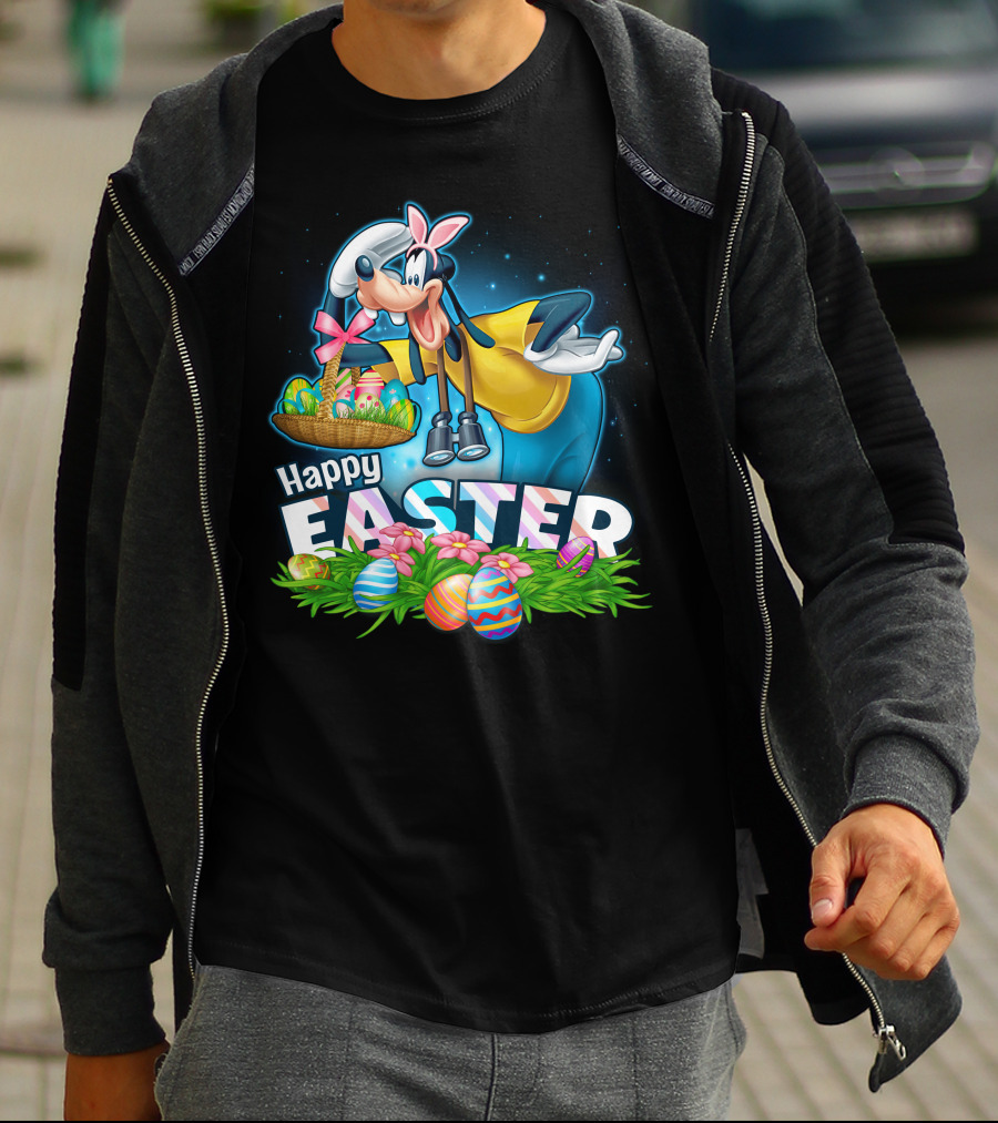 Goofy Holding Easter Basket With Happy Easter Eggs And Flowers T-Shirt