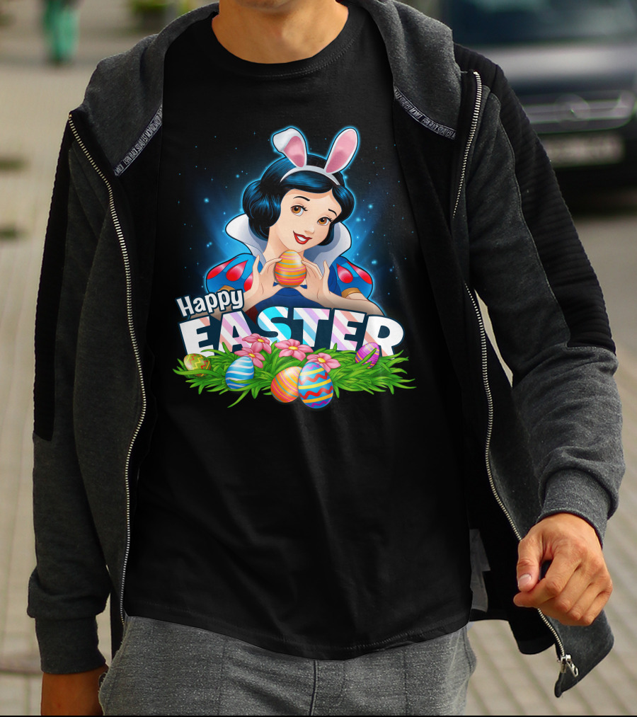 Snow White Happy Easter Bunny Ears Colorful Eggs Spring Celebration T-Shirt