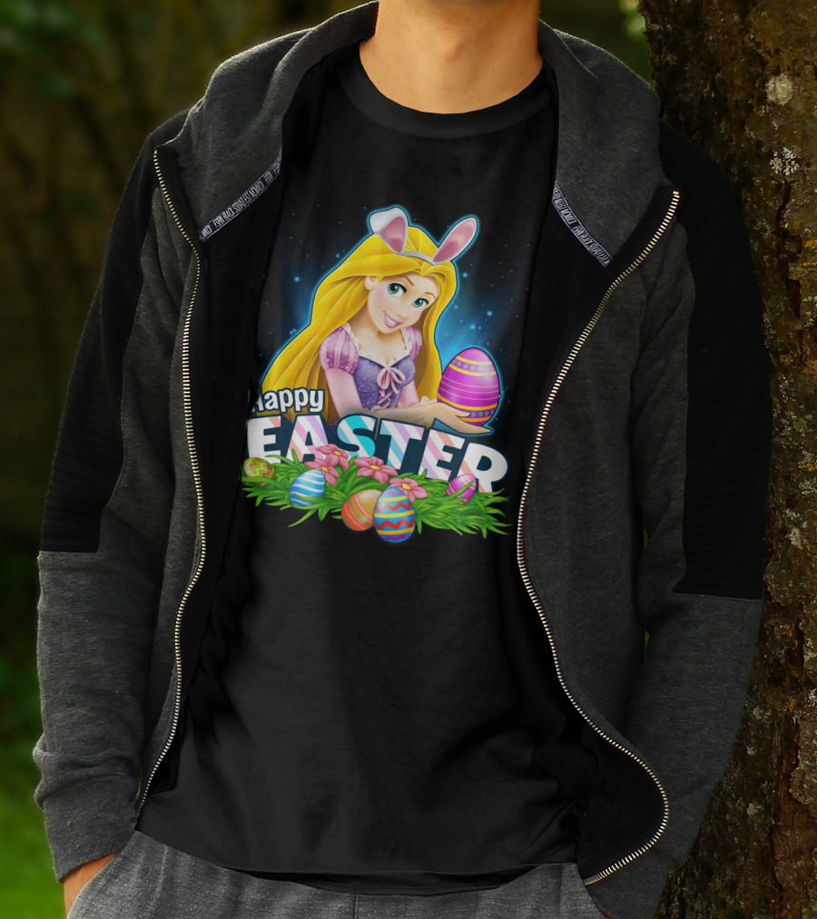Happy Easter Rapunzel Bunny Ears With Colorful Eggs And Flowers T-Shirt