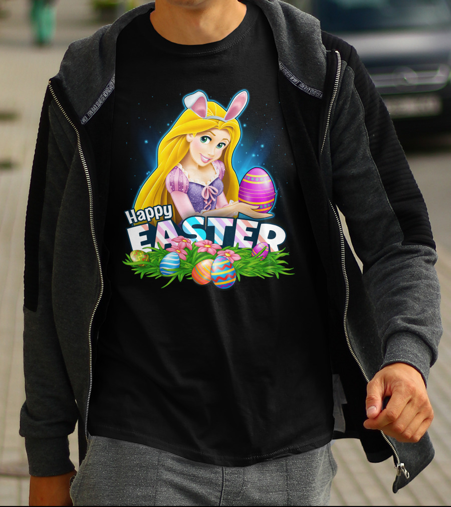 Happy Easter Rapunzel Bunny Ears With Colorful Eggs And Flowers T-Shirt