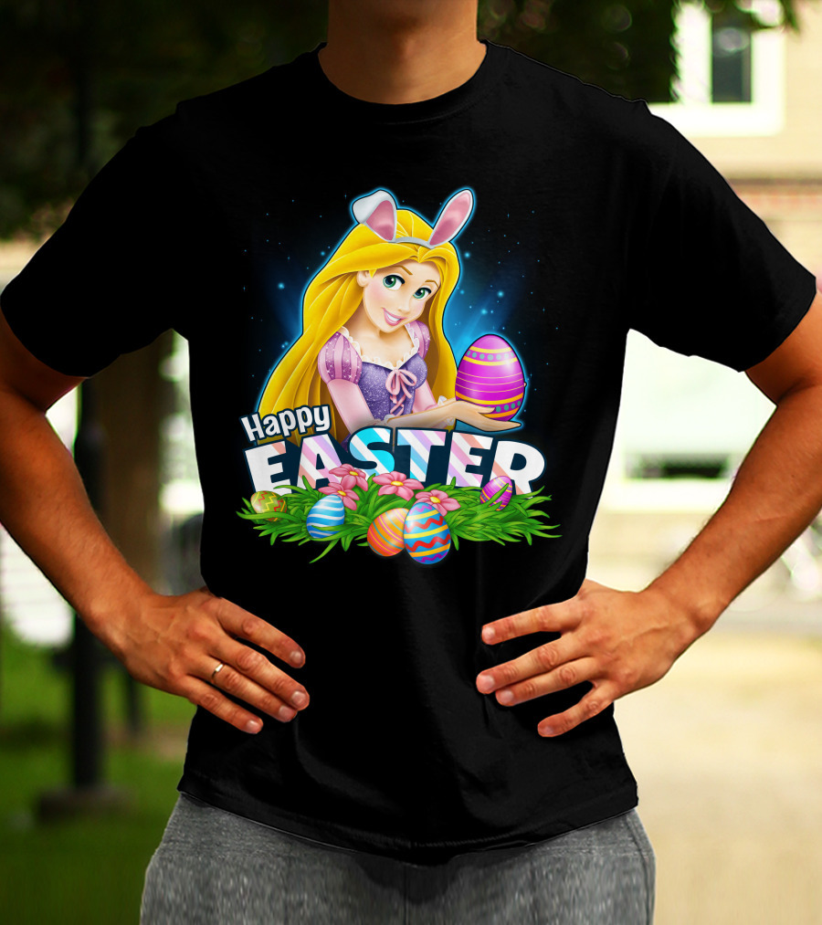 Happy Easter Rapunzel Bunny Ears With Colorful Eggs And Flowers T-Shirt