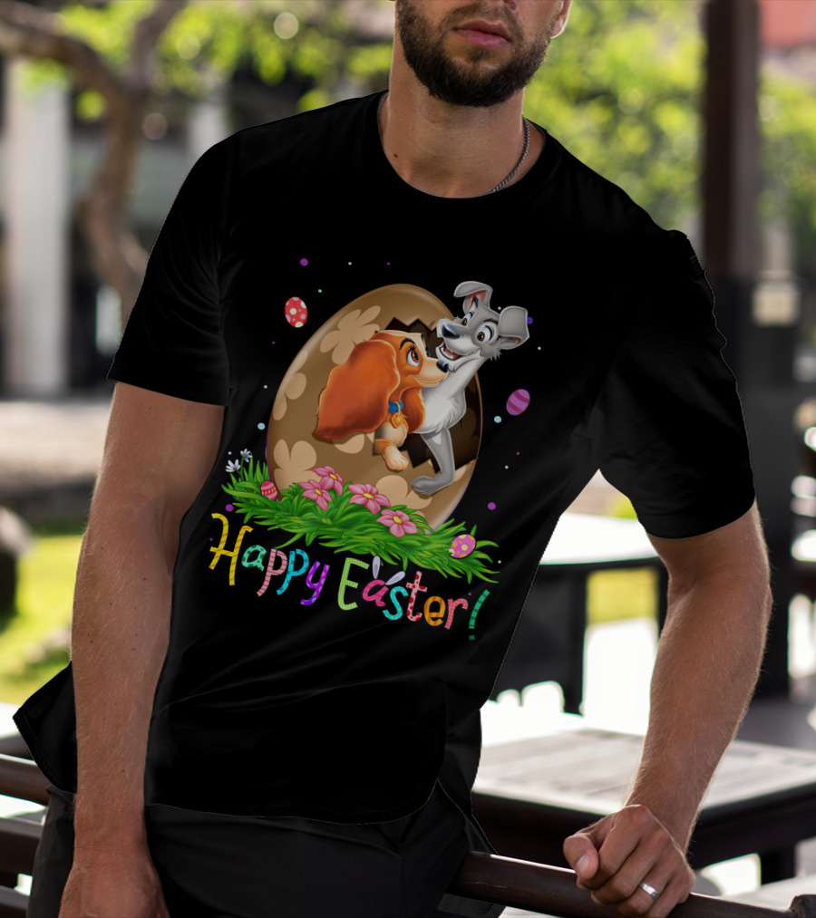 Lady And The Tramp Happy Easter Egg Scene With Colorful Flowers And Eggs T-Shirt