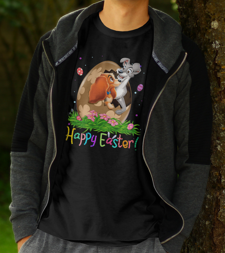 Lady And The Tramp Happy Easter Egg Scene With Colorful Flowers And Eggs T-Shirt