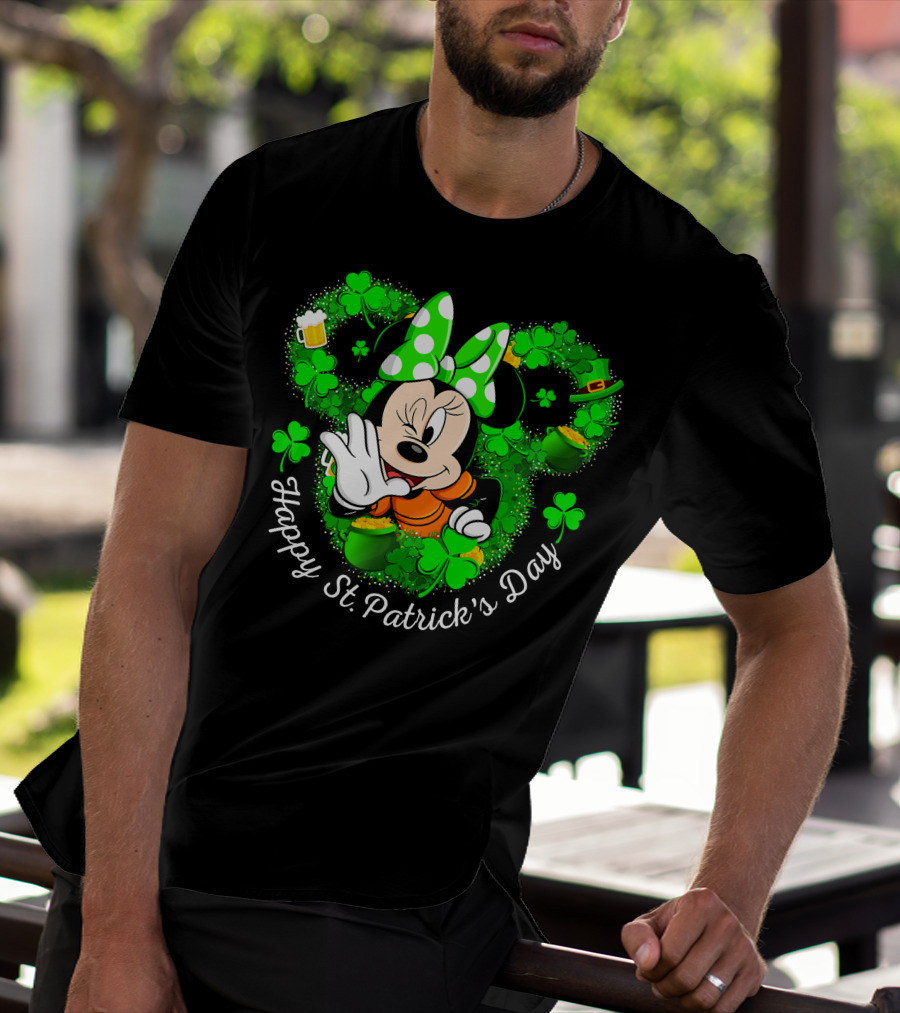 Minnie Mouse Happy St. Patrick's Day Shamrocks And Leprechaun Hat T-Shirt