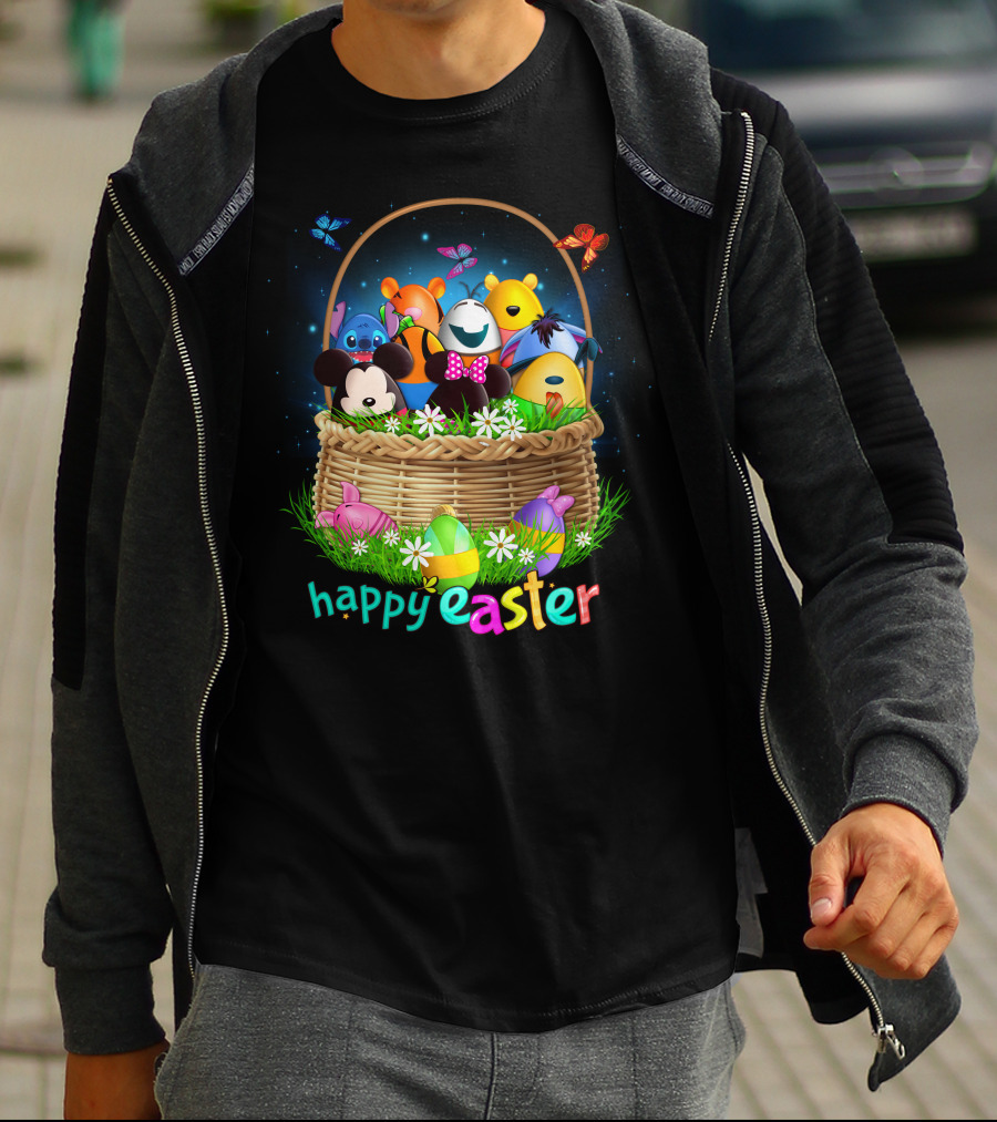 Happy Easter Basket With Colorful Eggs And Characters T-Shirt