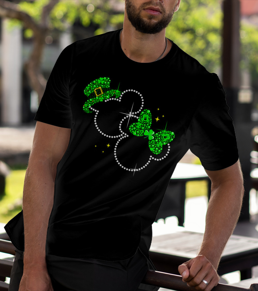 Mickey Minnie St. Patrick's Day Sparkling Green Hat And Bow T-Shirt