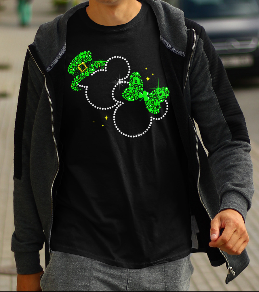 Mickey Minnie St. Patrick's Day Sparkling Green Hat And Bow T-Shirt