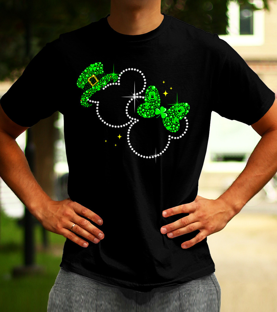 Mickey Minnie St. Patrick's Day Sparkling Green Hat And Bow T-Shirt