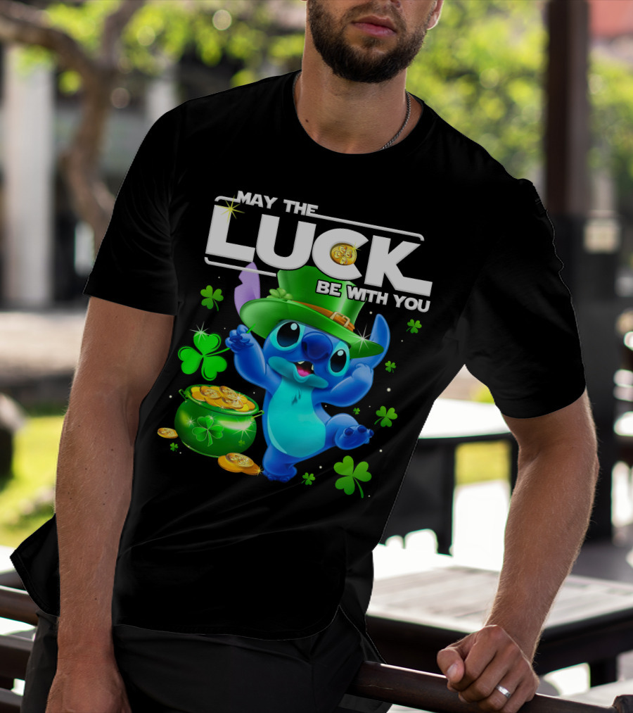 Stitch May The Luck Be With You Featuring Green Hat And Shamrocks T-Shirt