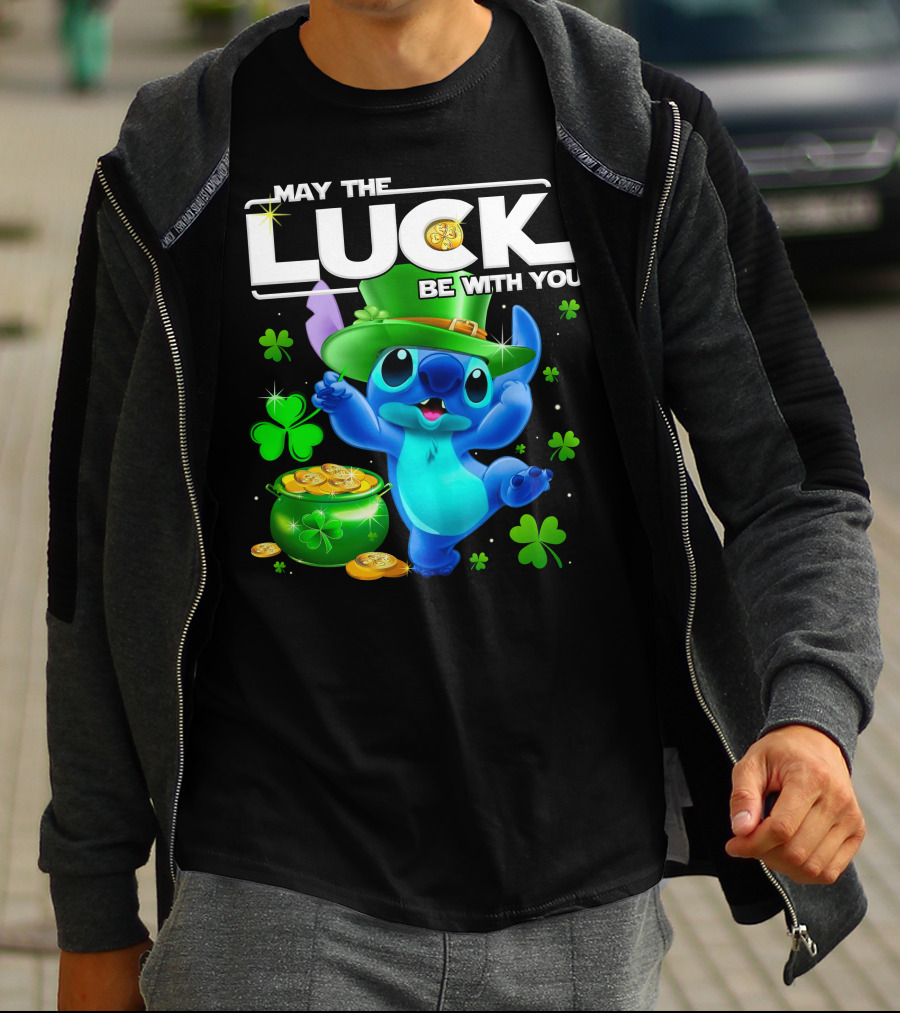 Stitch May The Luck Be With You Featuring Green Hat And Shamrocks T-Shirt