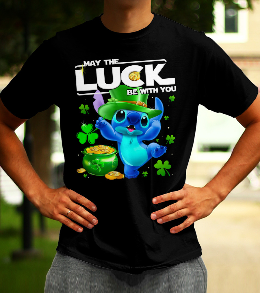 Stitch May The Luck Be With You Featuring Green Hat And Shamrocks T-Shirt