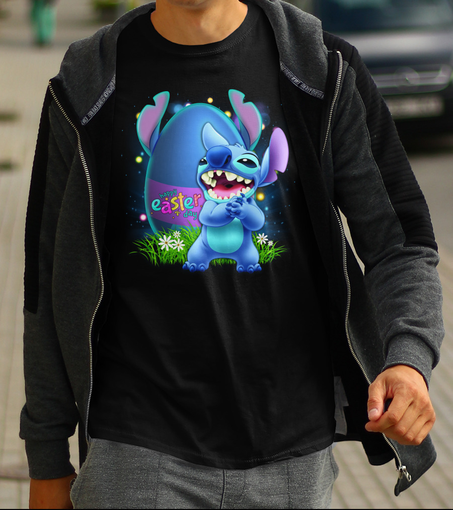 Happy Easter Day Stitch With Easter Egg And Flowers T-Shirt
