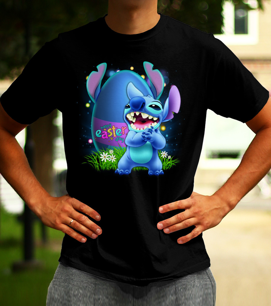 Happy Easter Day Stitch With Easter Egg And Flowers T-Shirt