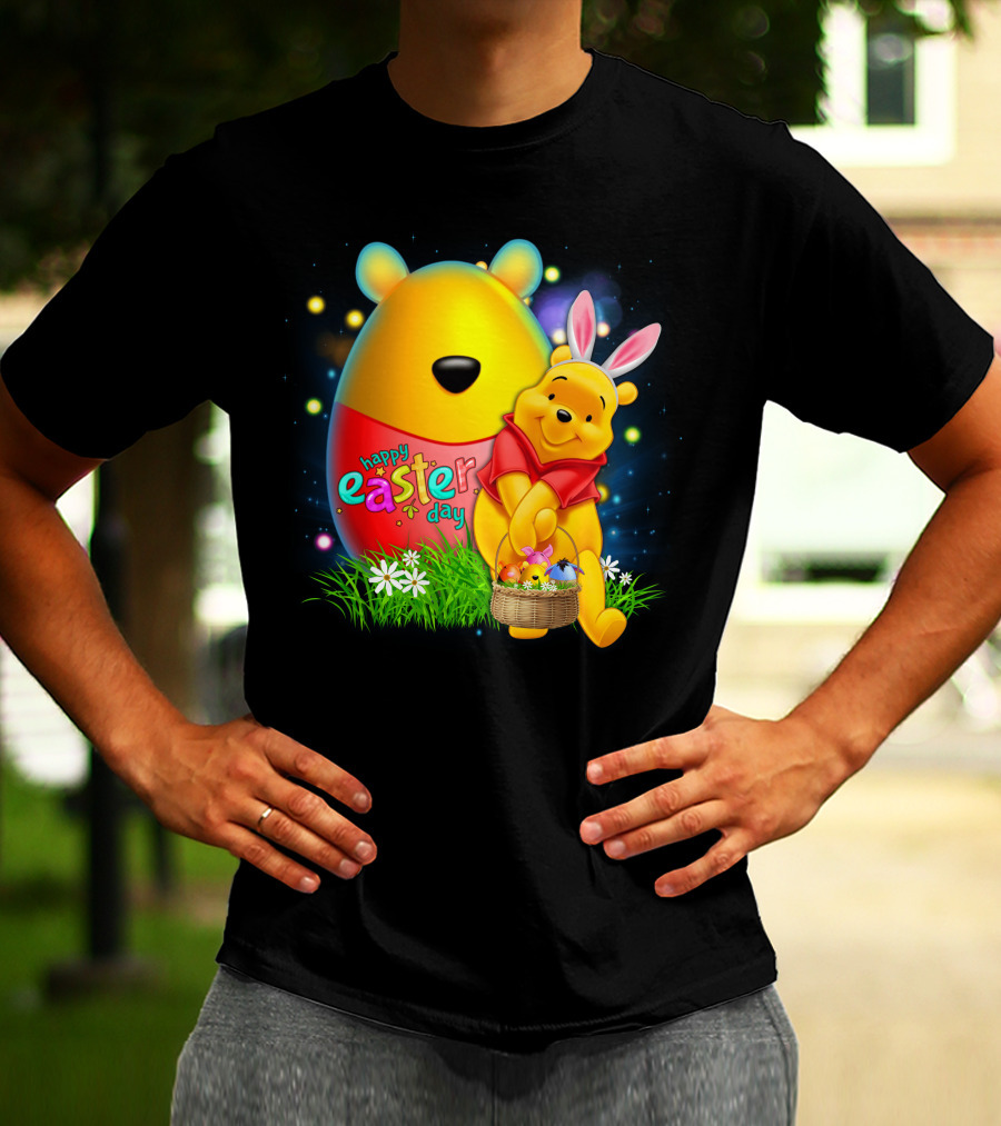 Happy Easter Day Pooh With Basket And Bunny Ears T-Shirt