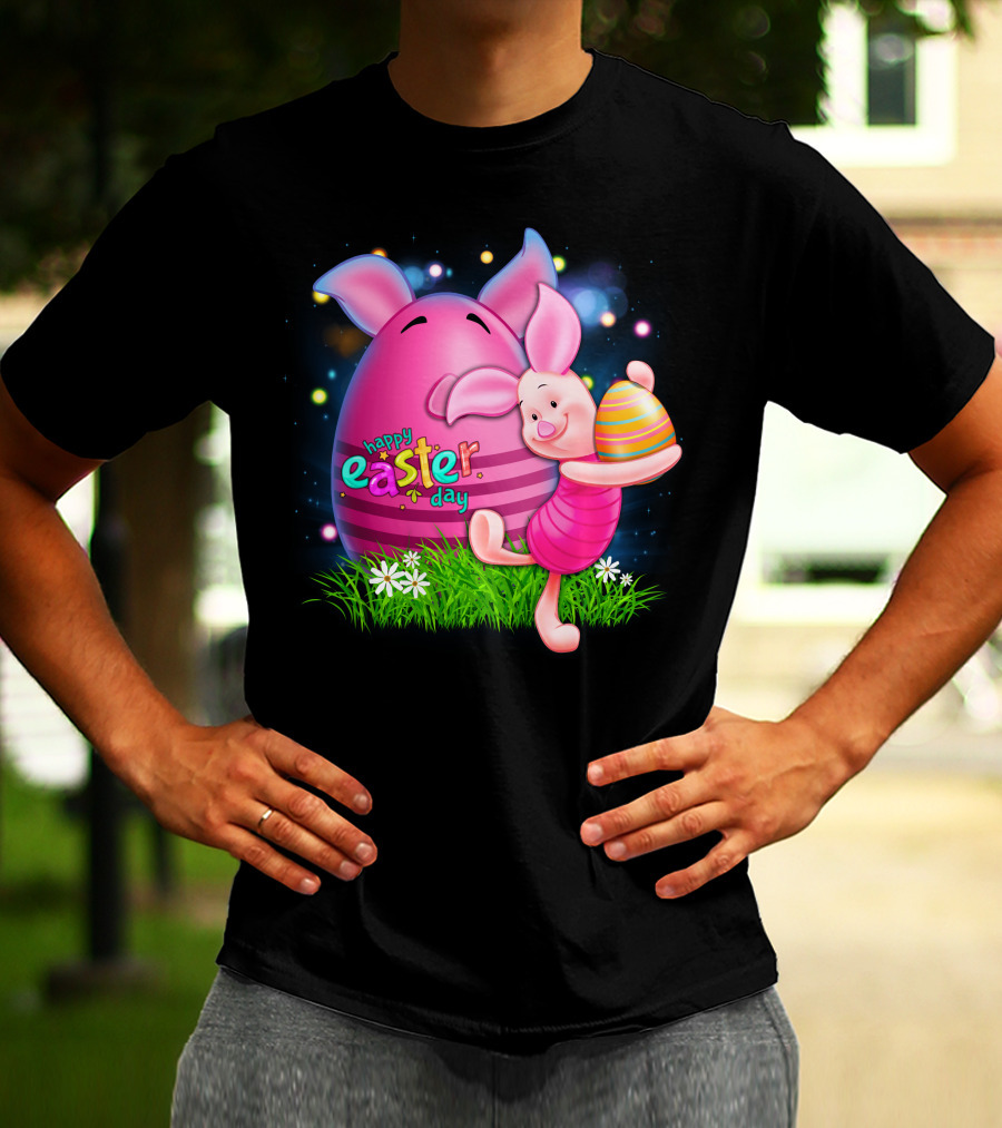Happy Easter Day Piglet With Colorful Eggs T-Shirt