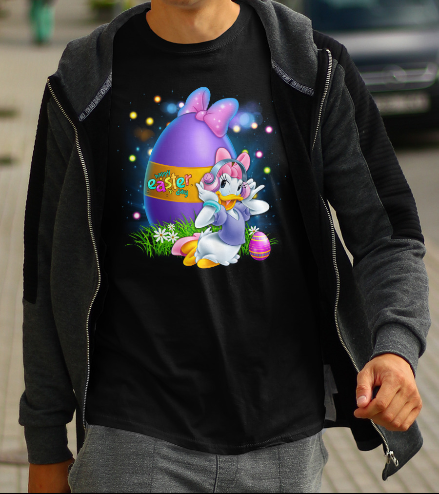 Daisy Duck Happy Easter Day Pink Bow Large Egg And Flowers T-Shirt