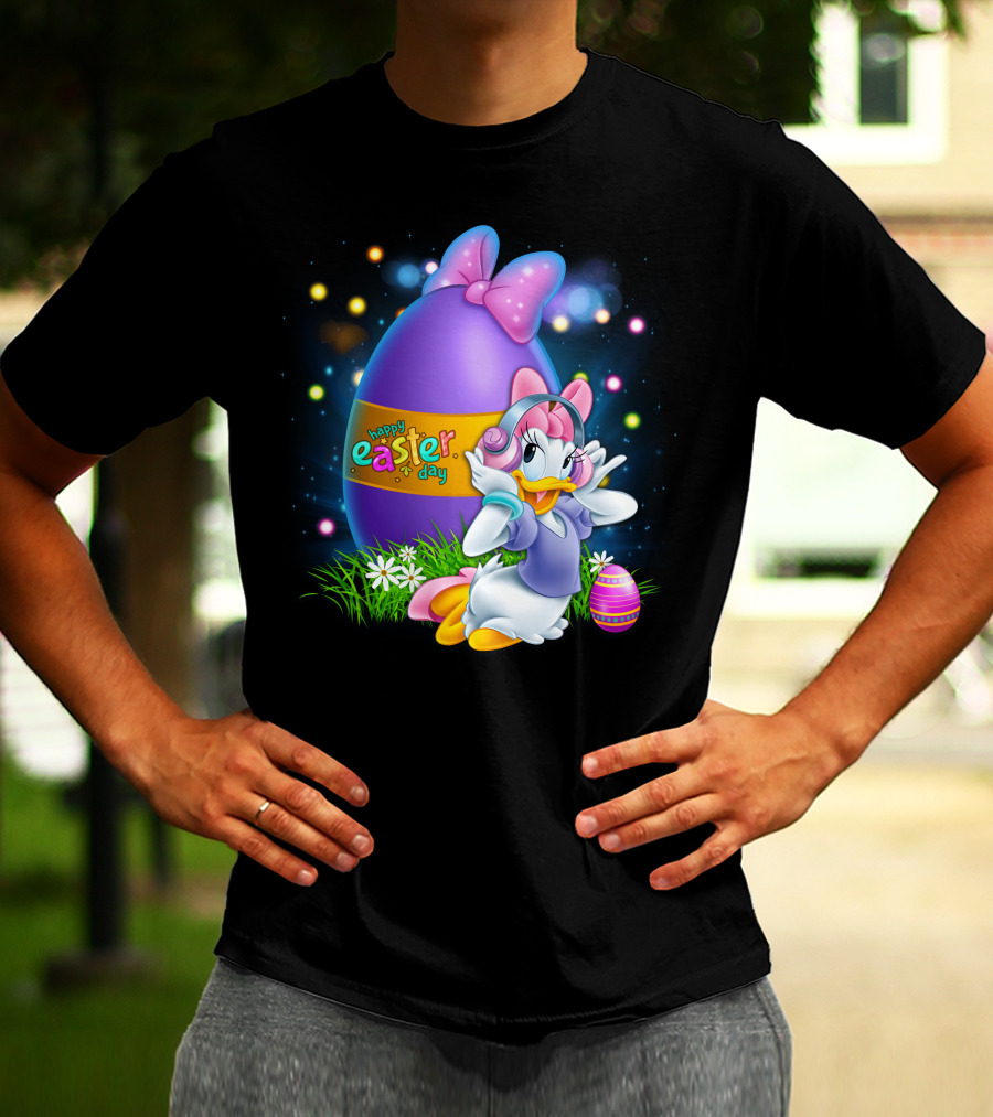 Daisy Duck Happy Easter Day Pink Bow Large Egg And Flowers T-Shirt