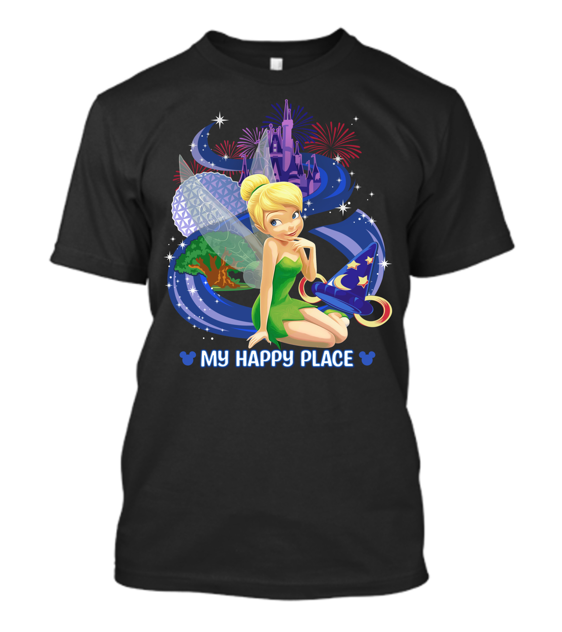 Tinker Bell My Happy Place Disney Castle Epcot Fireworks Wizard Hat T-Shirt
