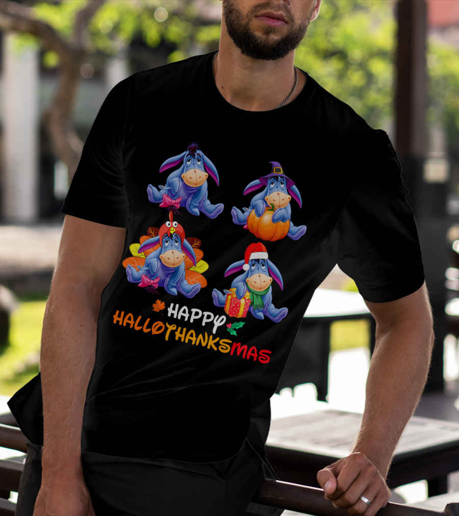 Ee Happy Hallothanksmas Eeyore With Pumpkin Turkey Hat Santa Hat T-Shirt