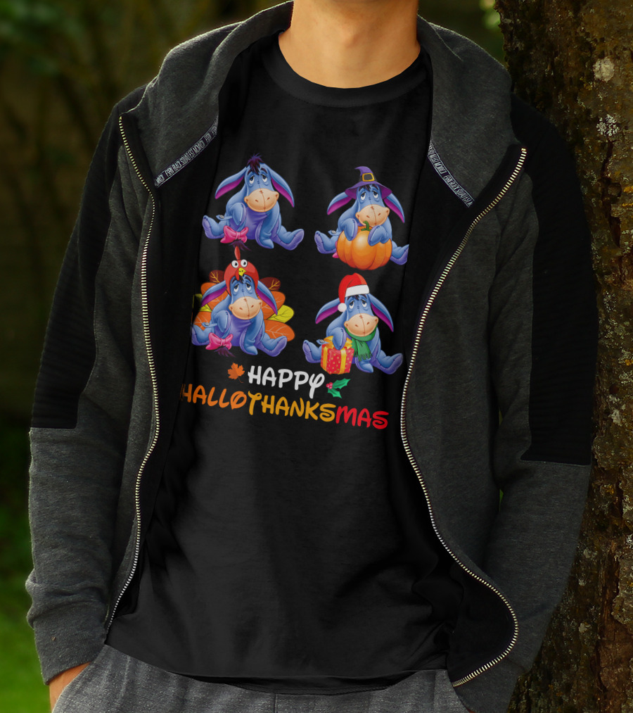 Ee Happy Hallothanksmas Eeyore With Pumpkin Turkey Hat Santa Hat T-Shirt