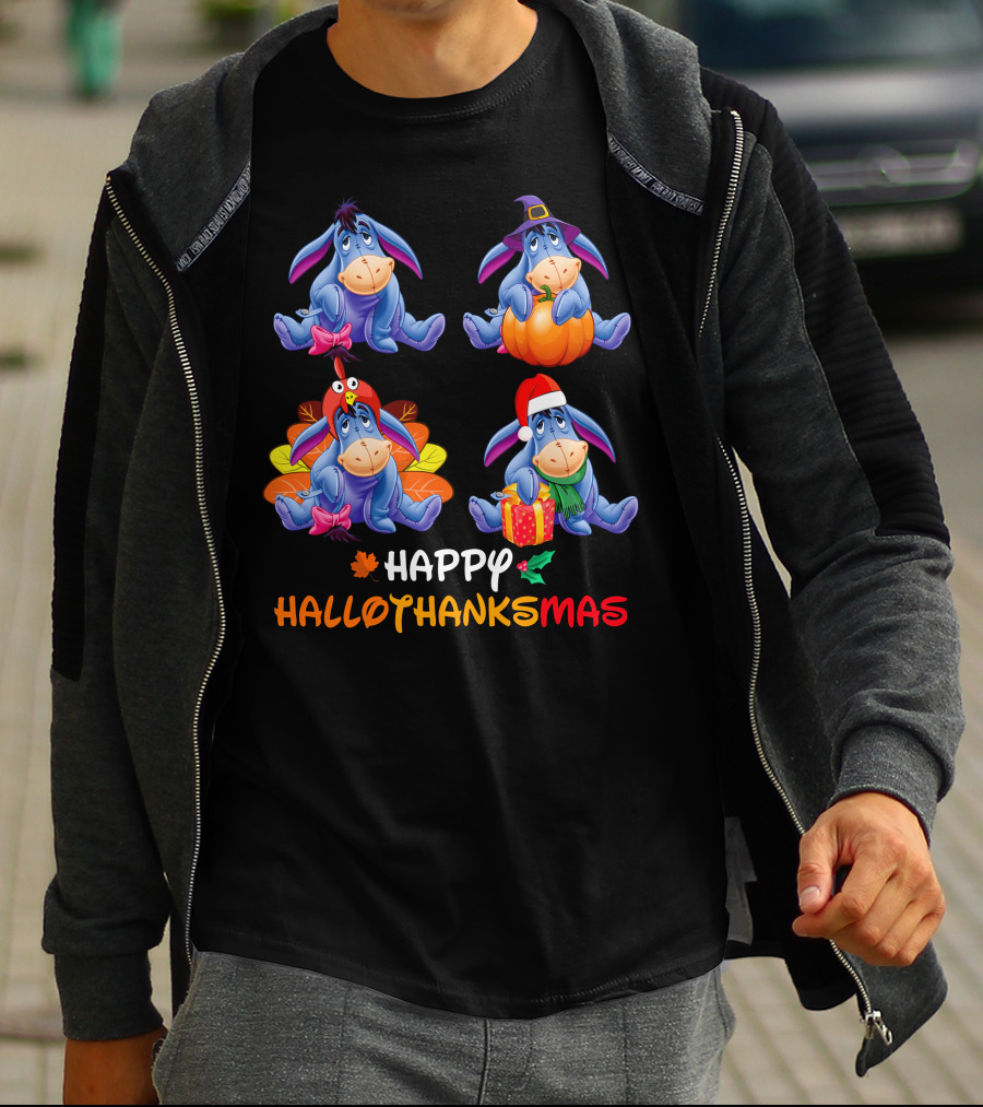 Ee Happy Hallothanksmas Eeyore With Pumpkin Turkey Hat Santa Hat T-Shirt