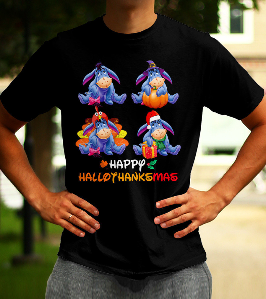 Ee Happy Hallothanksmas Eeyore With Pumpkin Turkey Hat Santa Hat T-Shirt