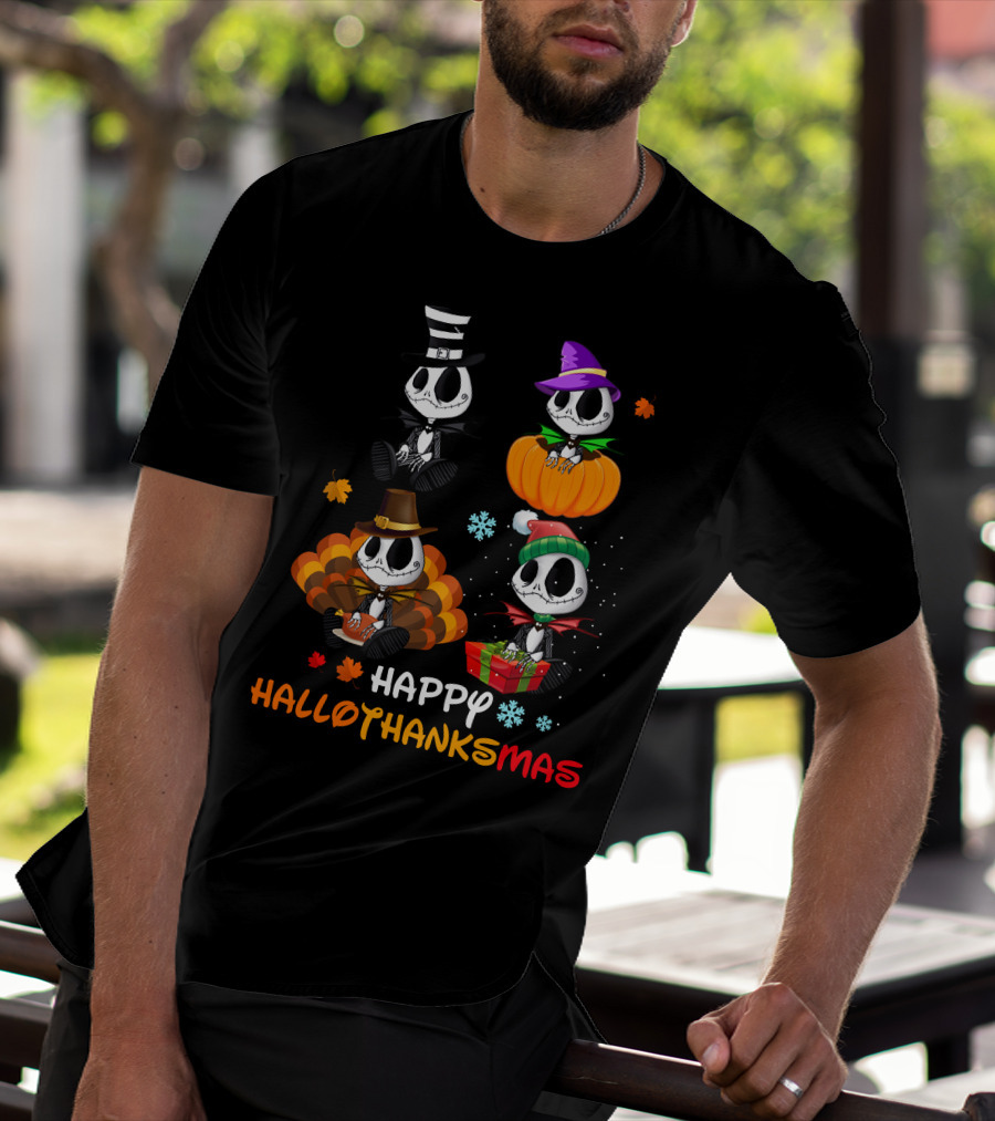 Happy Hallothanksmas Skeletons In Festive Hats Pumpkin Turkey Gift T-Shirt