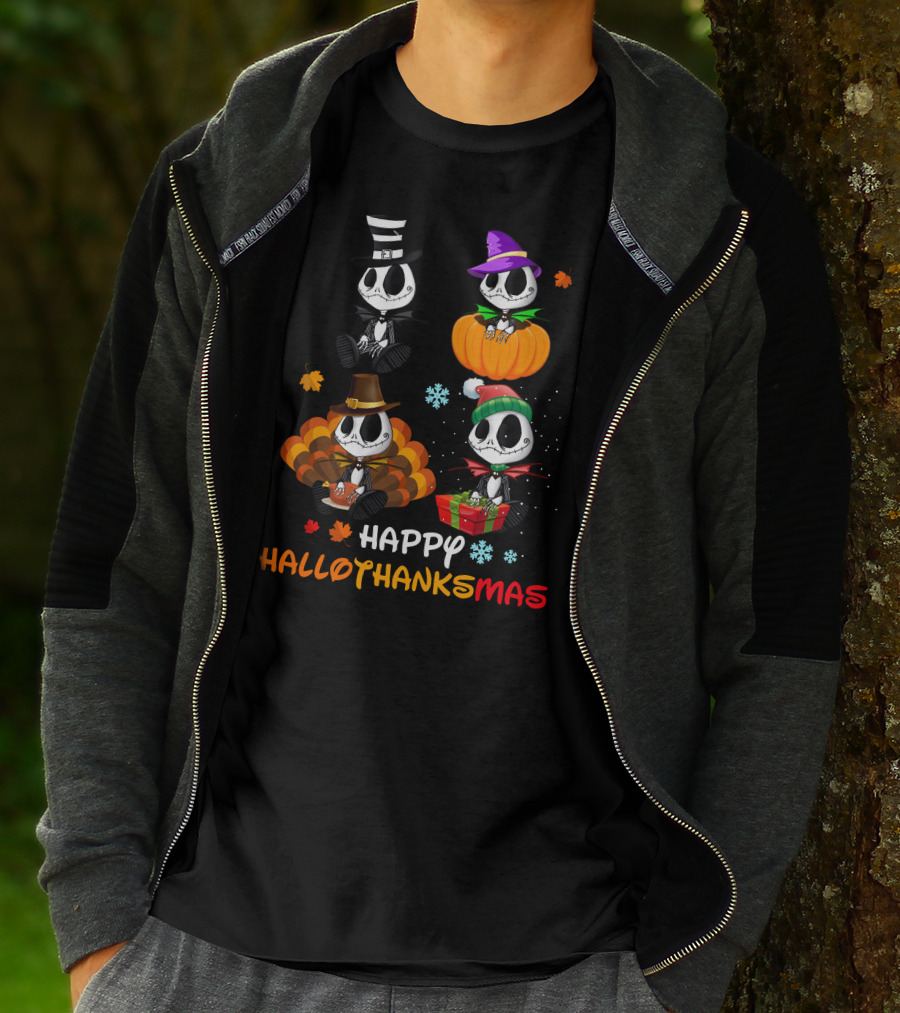 Happy Hallothanksmas Skeletons In Festive Hats Pumpkin Turkey Gift T-Shirt