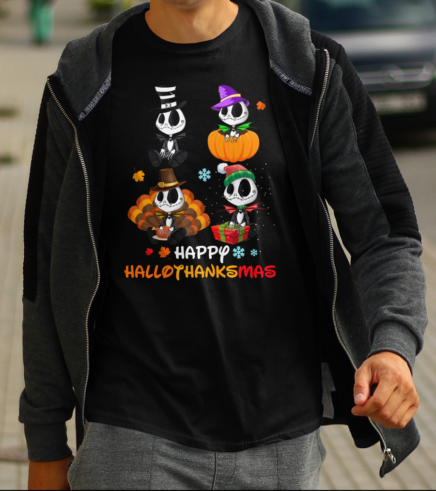 Happy Hallothanksmas Skeletons In Festive Hats Pumpkin Turkey Gift T-Shirt