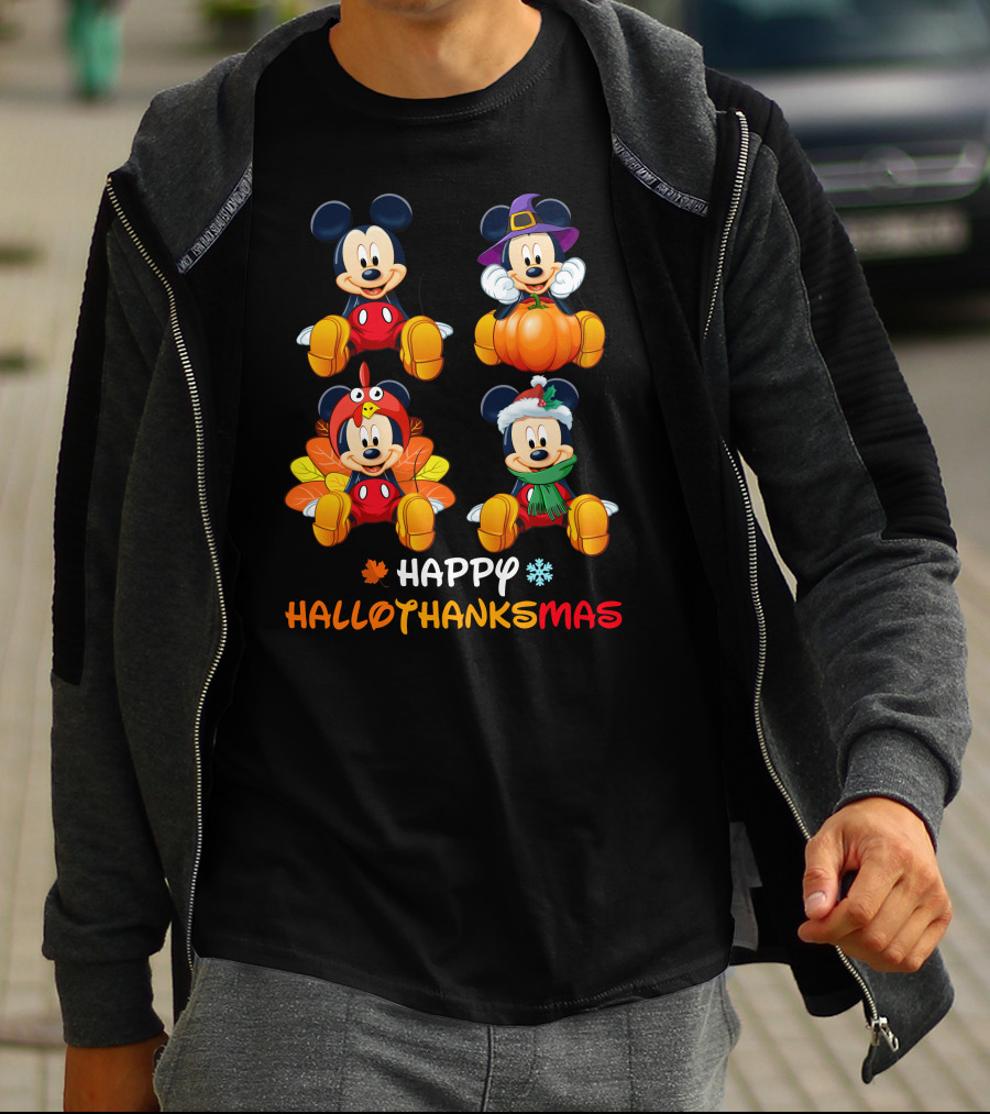 Happy Hallothanksmas Mickey In Halloween Thanksgiving And Christmas Outfits T-Shirt