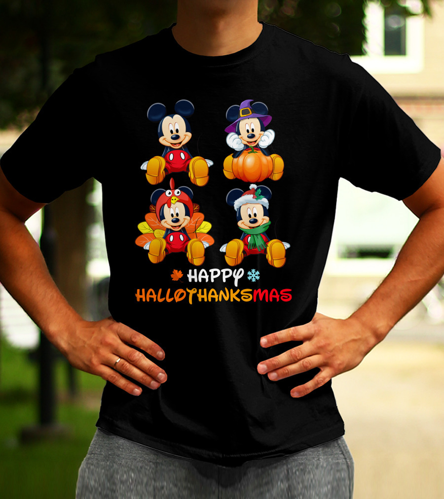 Happy Hallothanksmas Mickey In Halloween Thanksgiving And Christmas Outfits T-Shirt