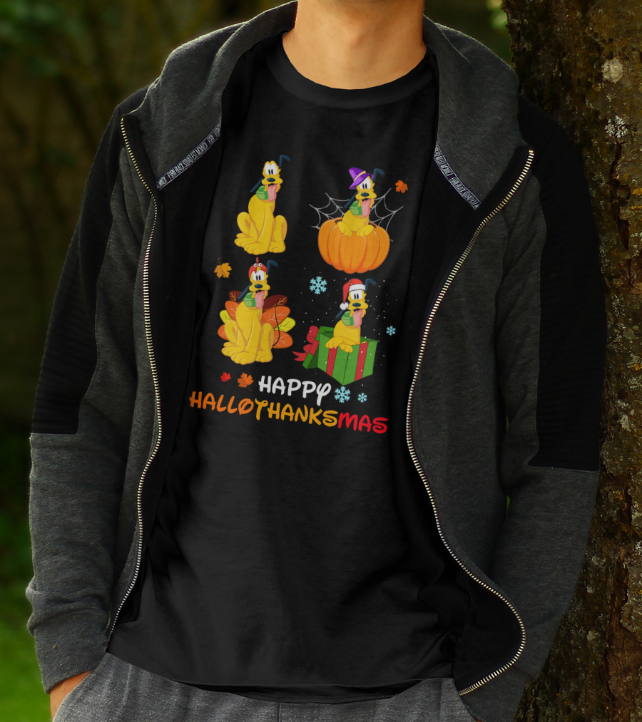 Happy Hallowthanksmas Pluto Pumpkin Leaves Present Snowflakes T-Shirt