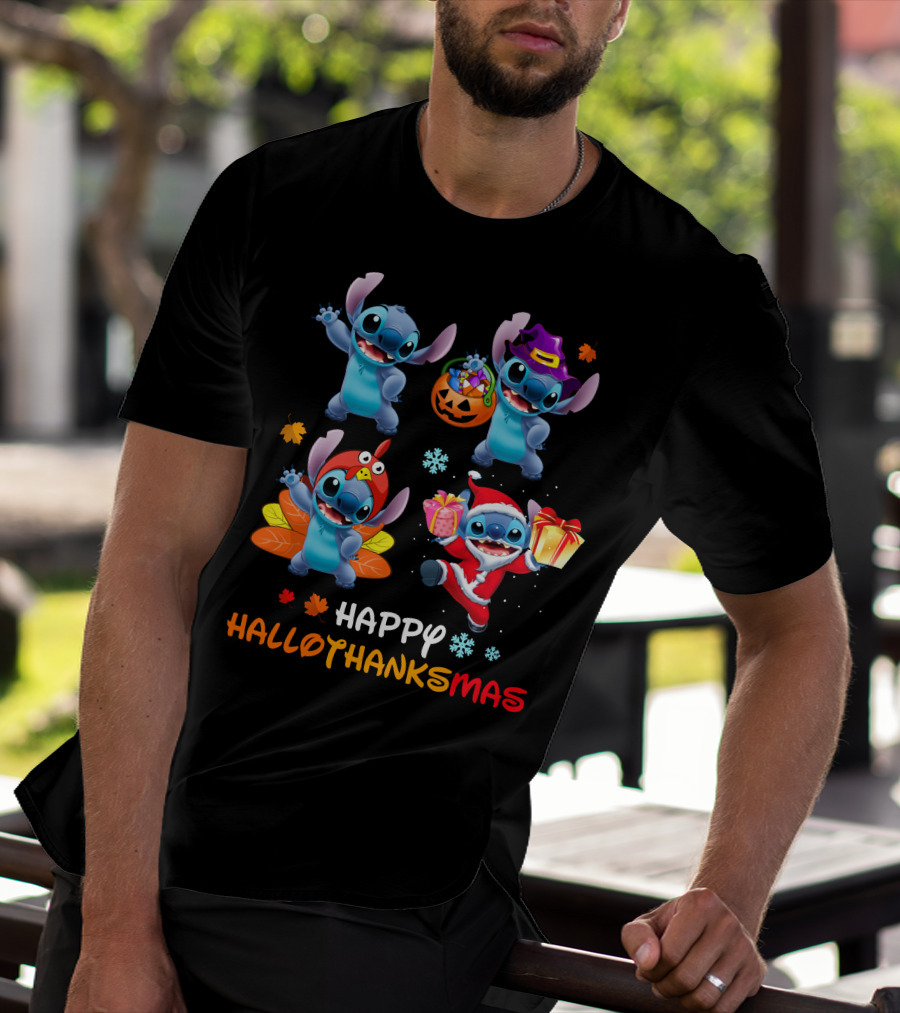 Happy Hallothanksmas Stitch Halloween Thanksgiving Christmas T-Shirt