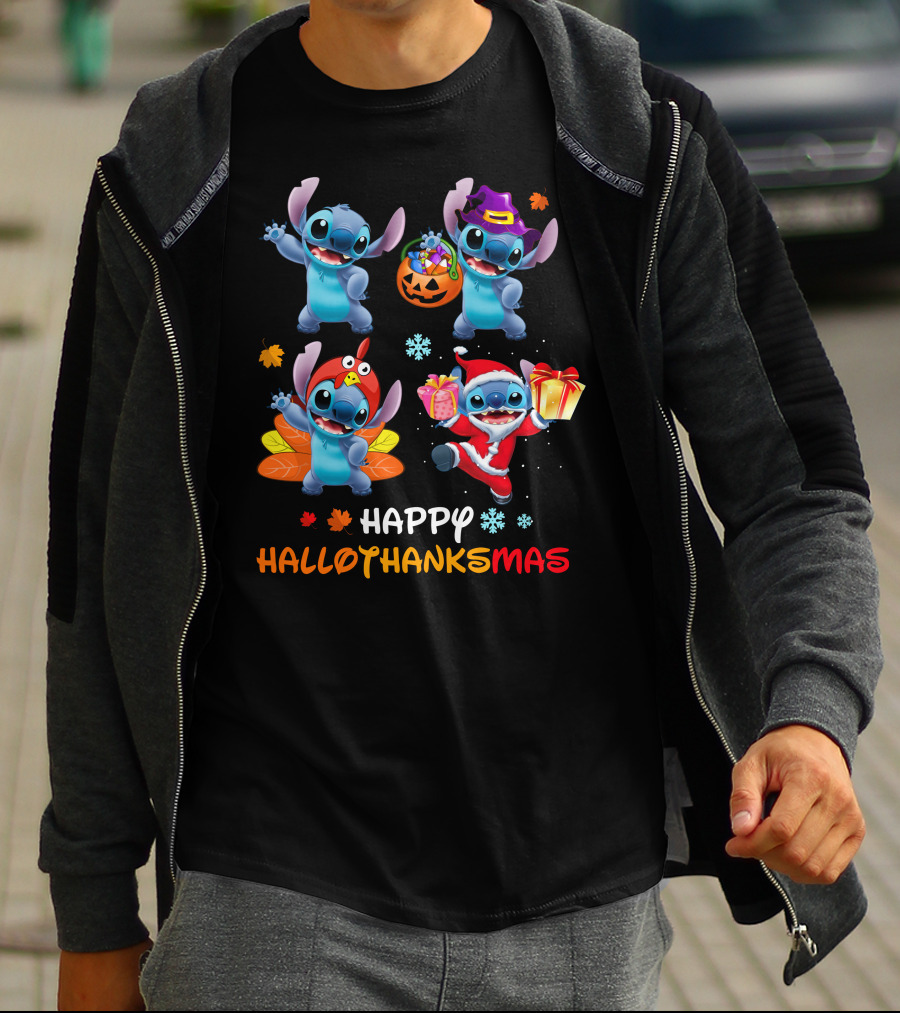 Happy Hallothanksmas Stitch Halloween Thanksgiving Christmas T-Shirt