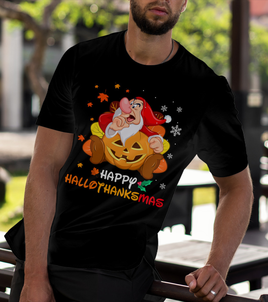 Happy Hallothanksmas Santa Dwarf With Pumpkin And Leaves T-Shirt