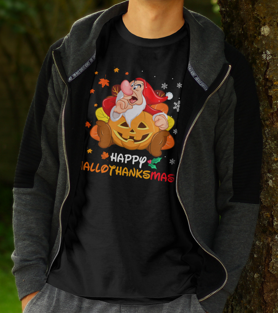 Happy Hallothanksmas Santa Dwarf With Pumpkin And Leaves T-Shirt