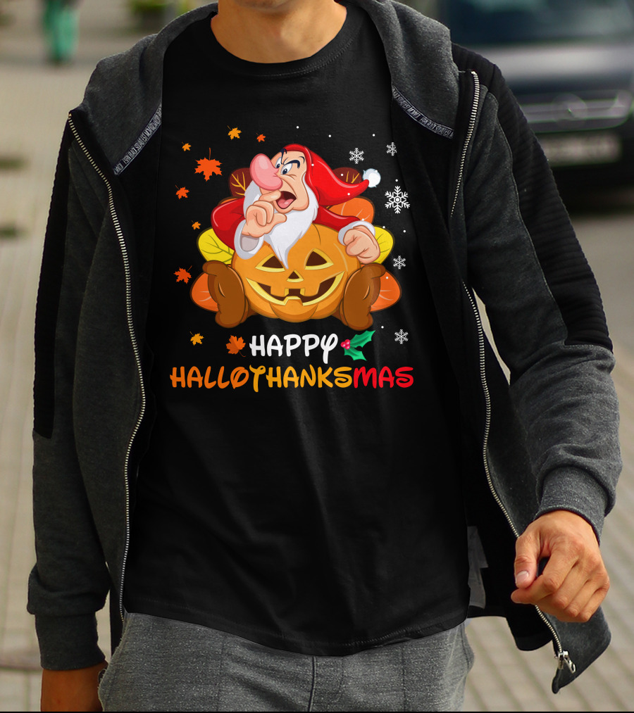 Happy Hallothanksmas Santa Dwarf With Pumpkin And Leaves T-Shirt