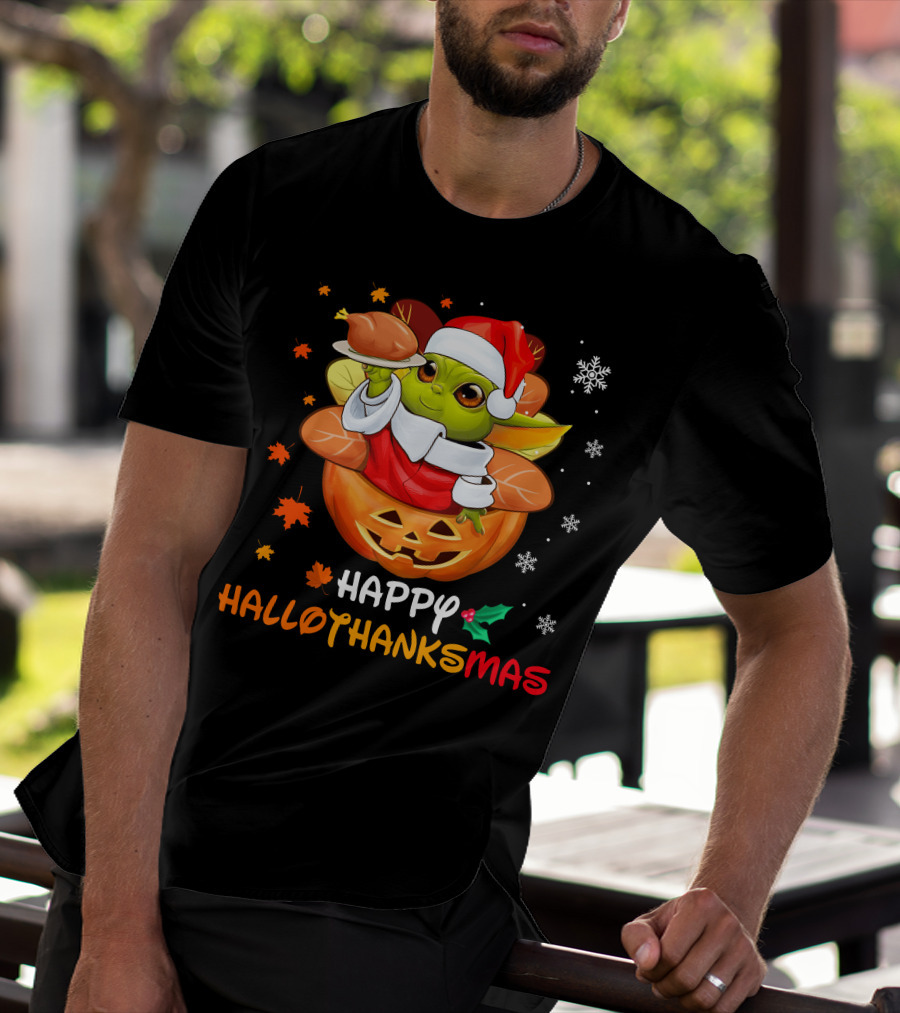 Happy Hallothanksmas Yd Santa Hat Pumpkin Turkey Snowflakes Leaves T-Shirt