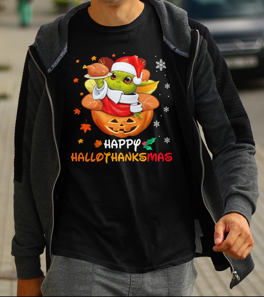 Happy Hallothanksmas Yd Santa Hat Pumpkin Turkey Snowflakes Leaves T-Shirt