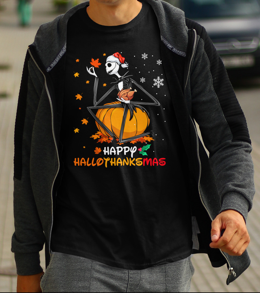 Happy Hallothanksmas Pumpkin Skeleton Holding Turkey T-Shirt