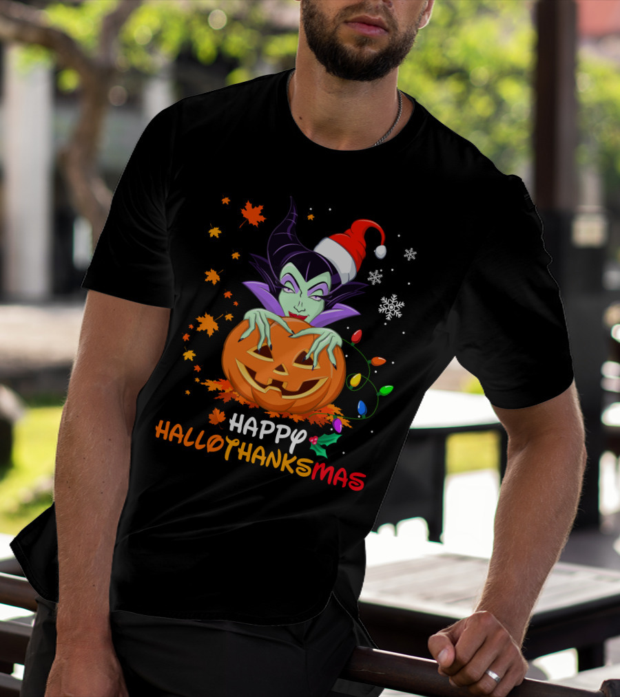 Happy Hallothanksmas Malicious Pumpkin Santa Hat Snowflakes Leaves And Lights T-Shirt