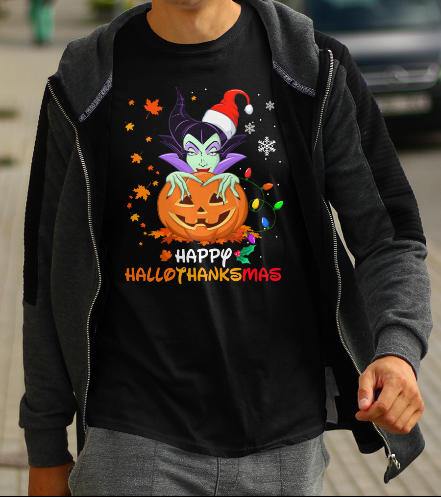 Happy Hallothanksmas Malicious Pumpkin Santa Hat Snowflakes Leaves And Lights T-Shirt